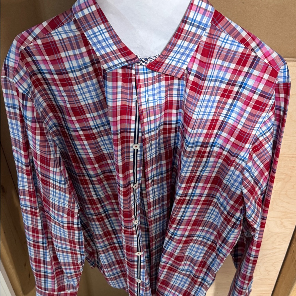Bugatchi Red, Blue & White Plaid Button-Down Shirt